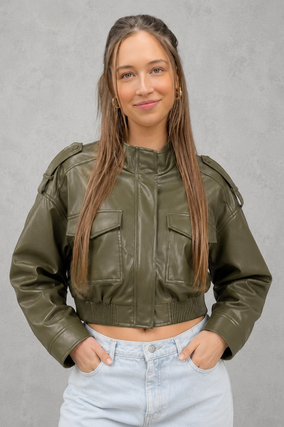 Women's Cropped Faux Leather Bomber Jacket – Front Pockets