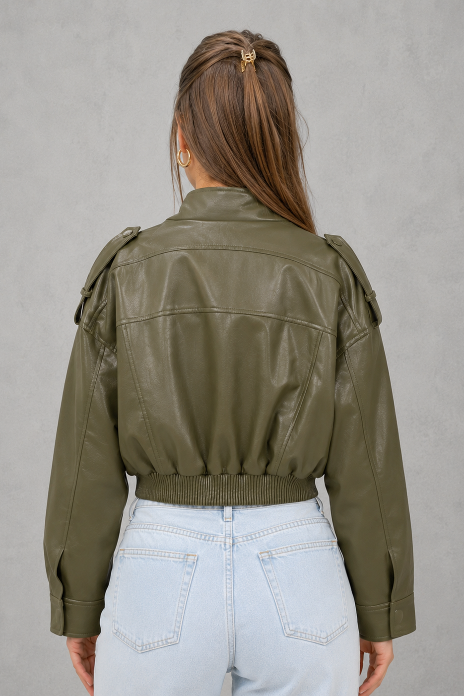 Women's Cropped Faux Leather Bomber Jacket – Front Pockets
