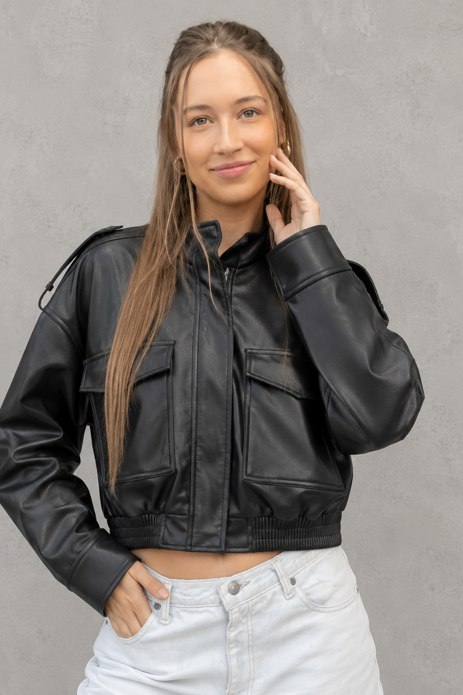Women's Cropped Faux Leather Bomber Jacket – Front Pockets