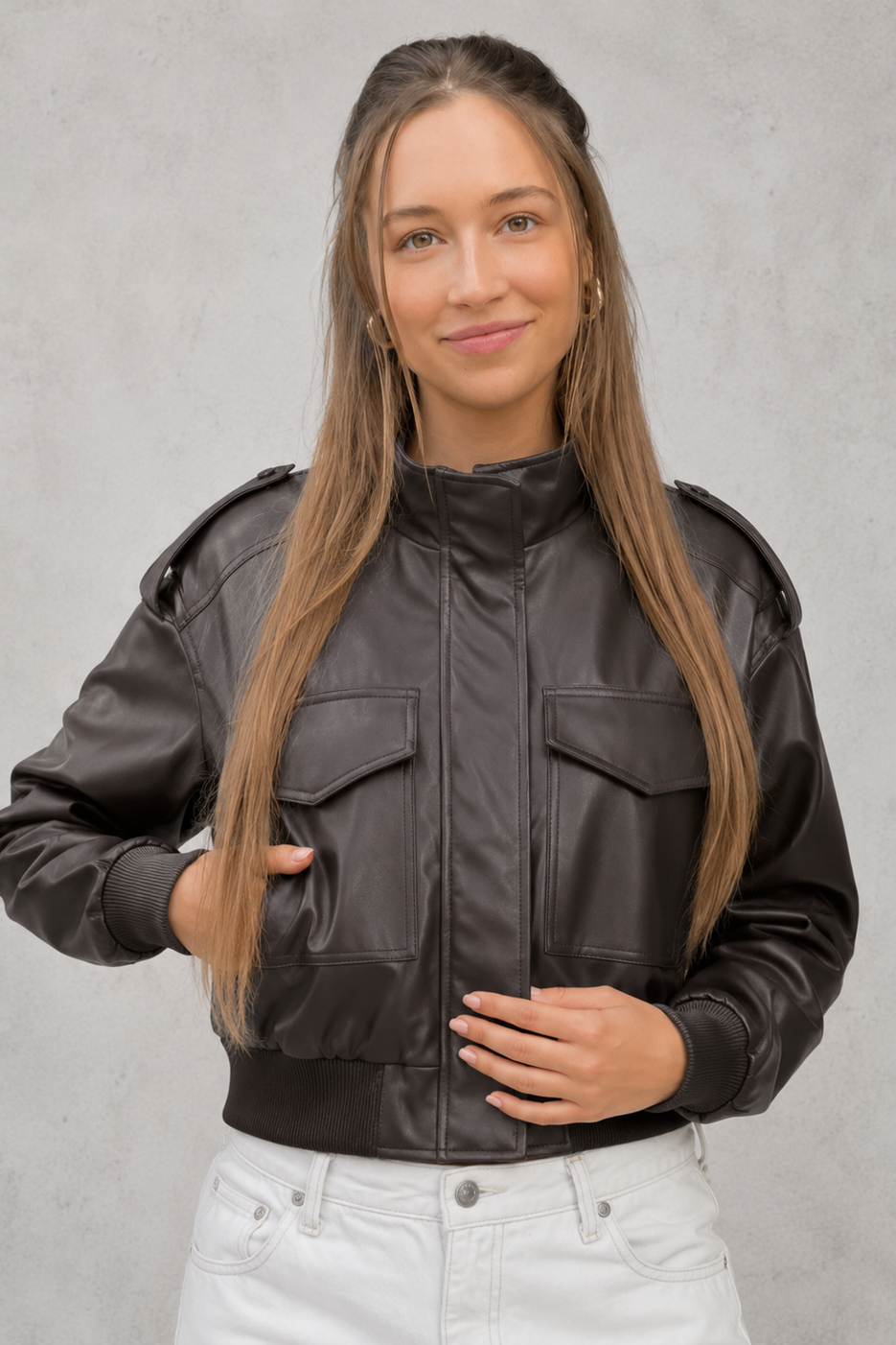 Women's Cropped Faux Leather Bomber Jacket – Front Pockets