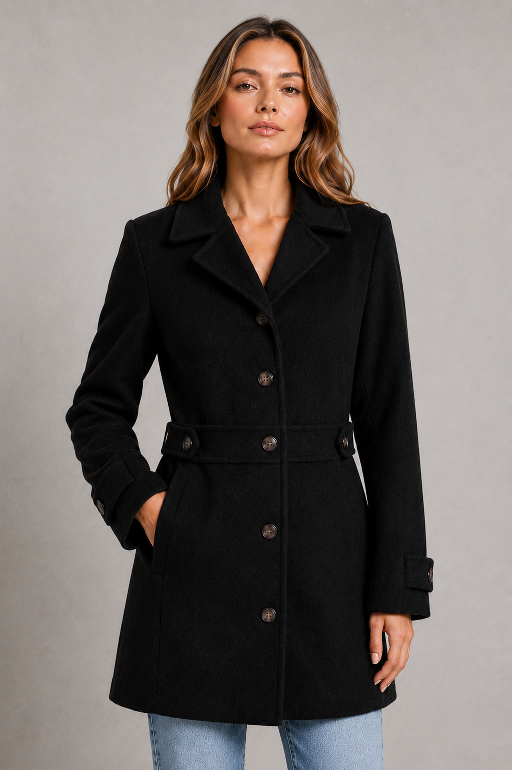 Women's Tailored Longline Coat – Button Front, Waist Tab Detail