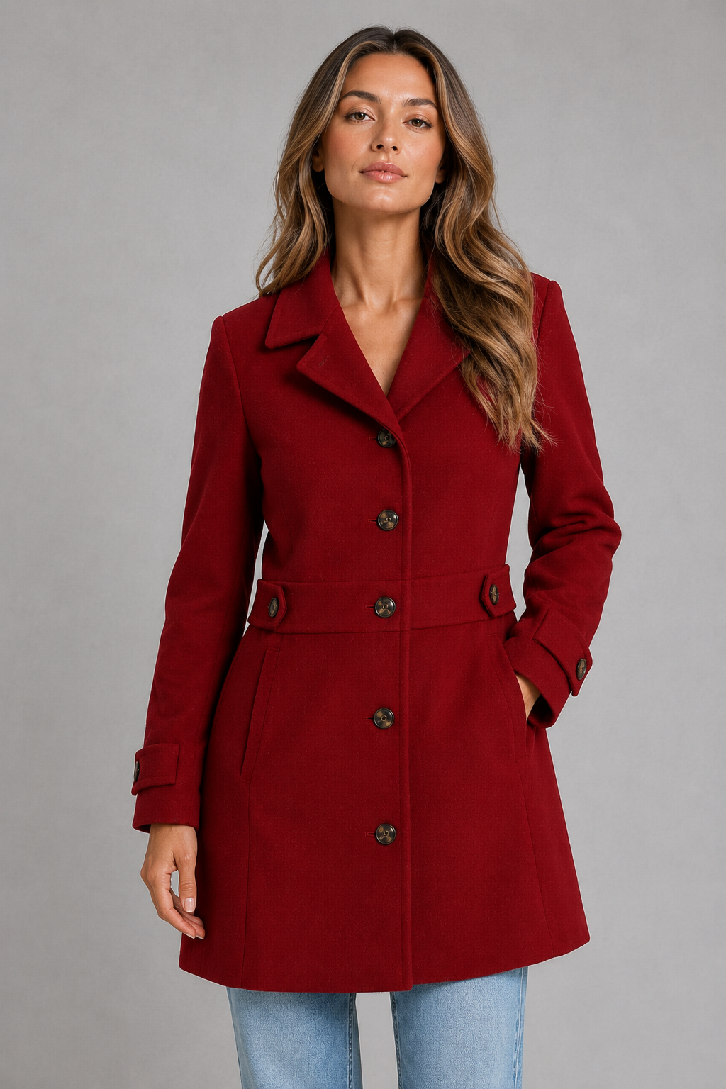 Women's Tailored Longline Coat – Button Front, Waist Tab Detail