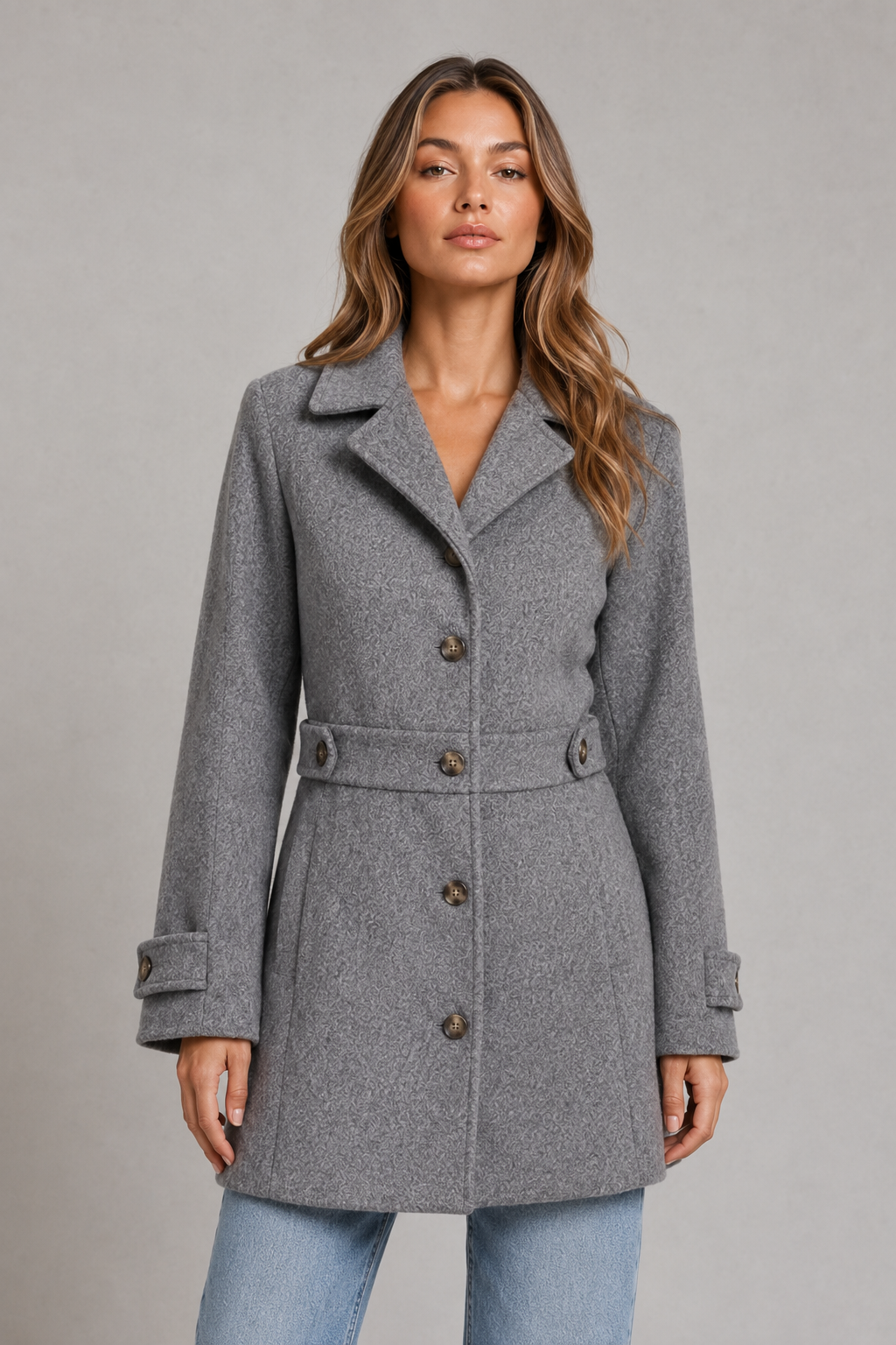 Women's Tailored Longline Coat – Button Front, Waist Tab Detail