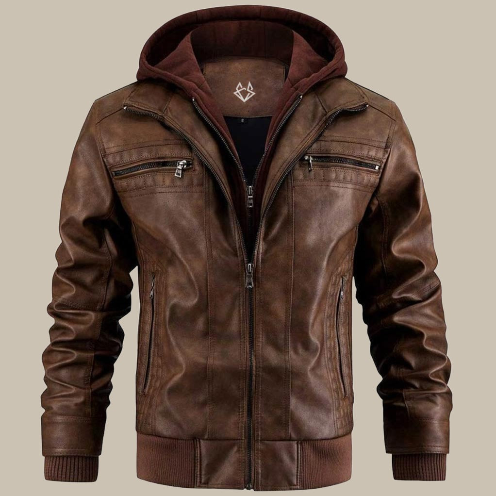 Men's Faux Leather Hooded Jacket – Zip Pockets, Regular Fit