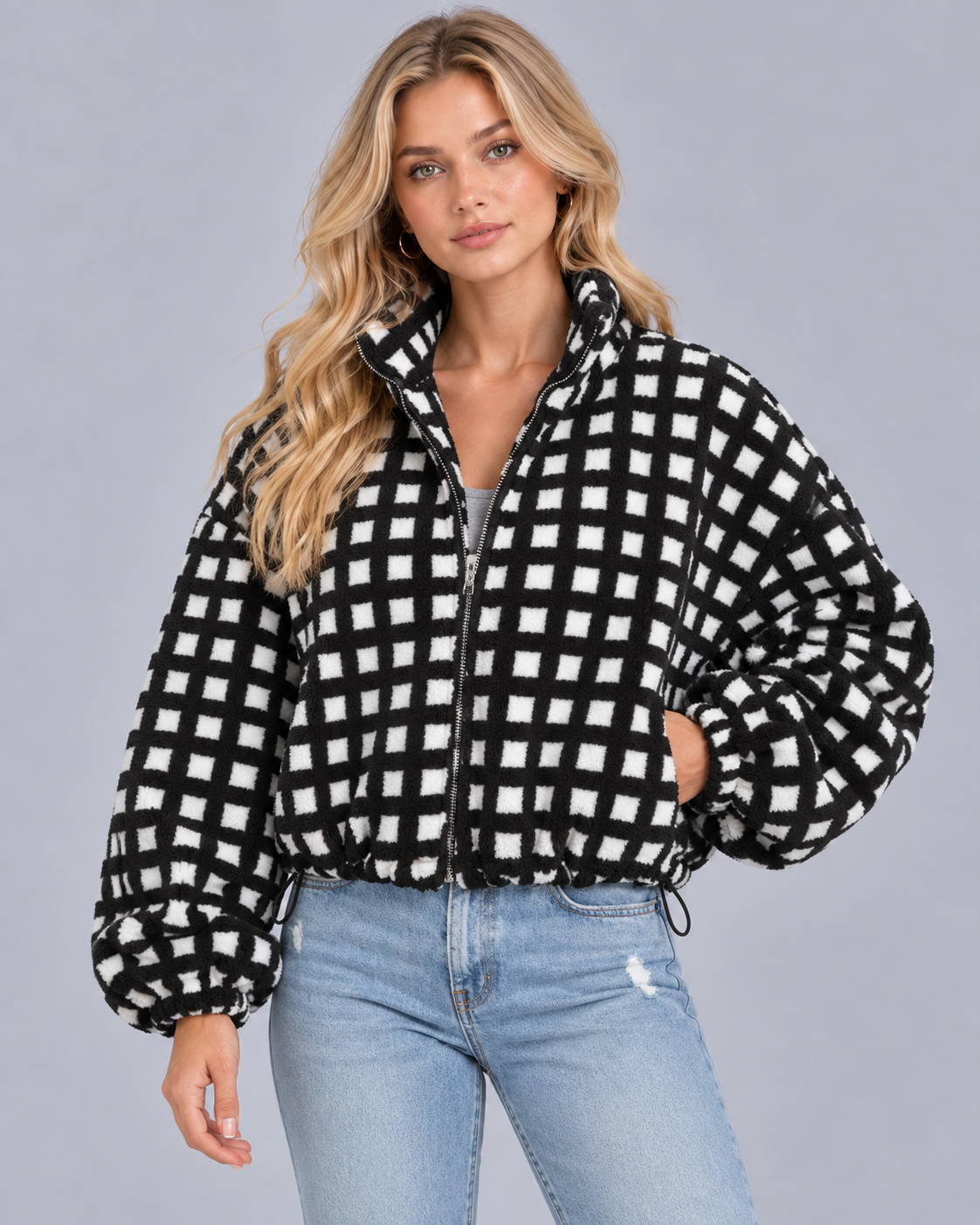 Women's Sherpa Fleece Jacket with Check Pattern