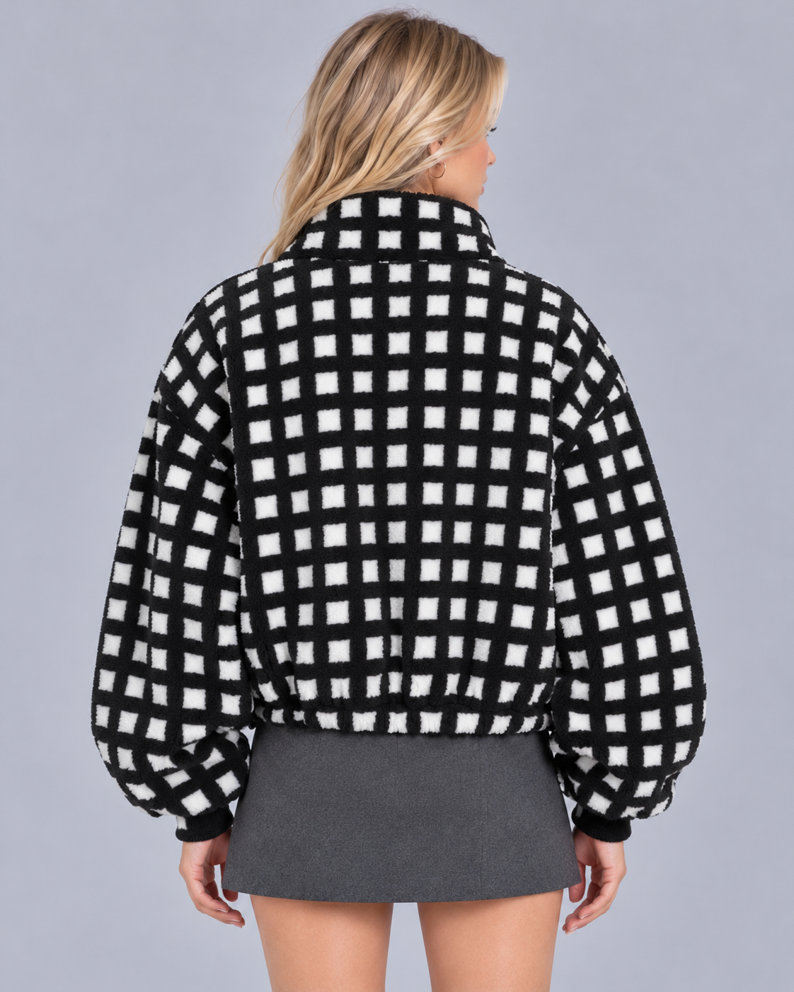 Women's Sherpa Fleece Jacket with Check Pattern