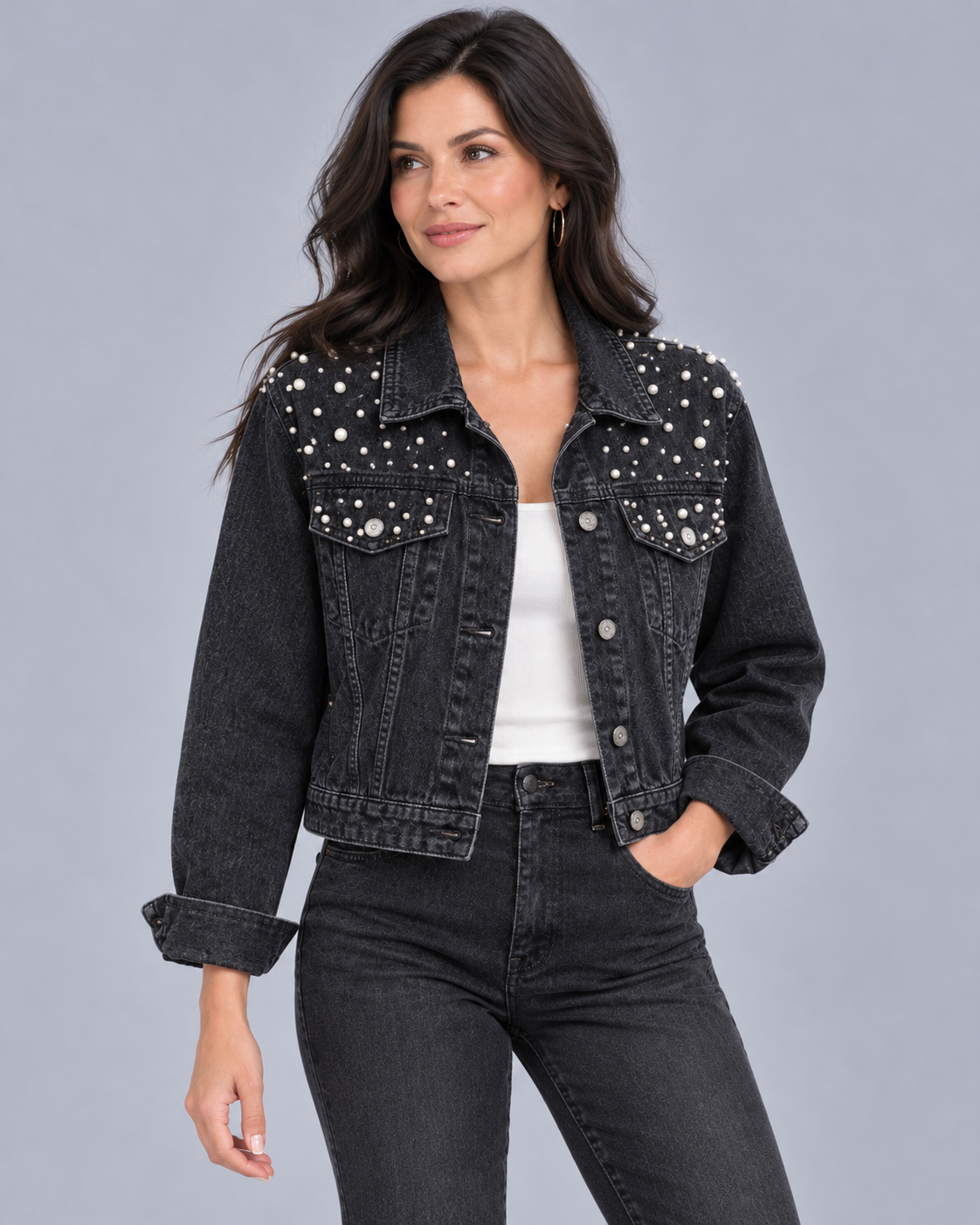 Women's Pearl Embellished Denim Jacket – Cropped, Two Flap Chest Pockets, Relaxed Fit