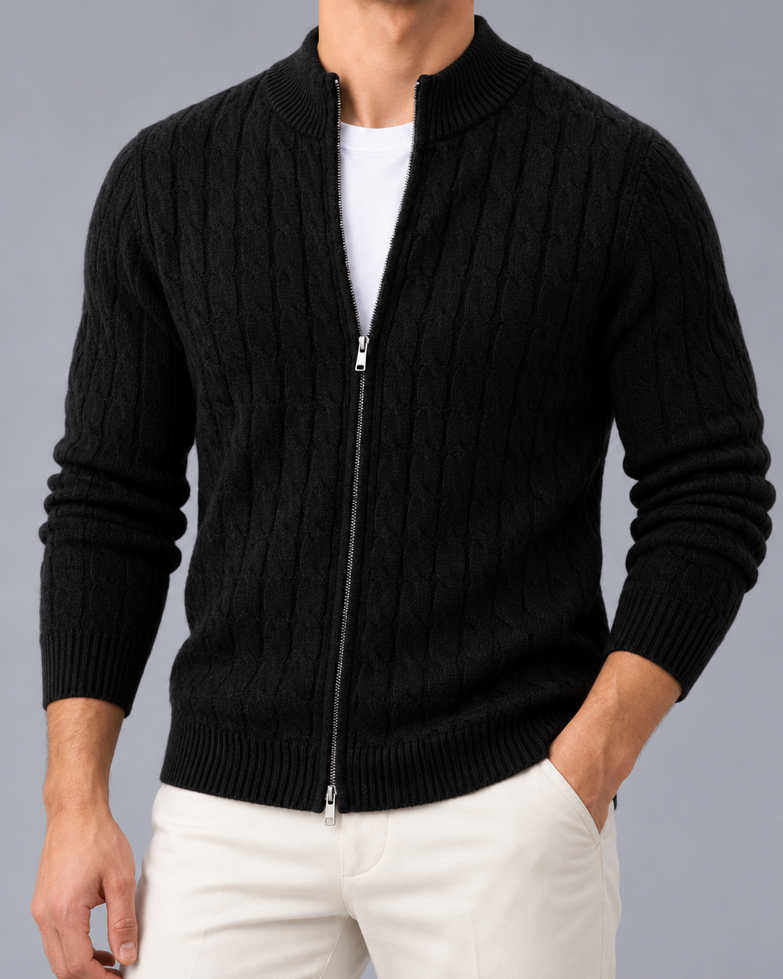 Men's Cable Knit Zip Cardigan – Stand Collar