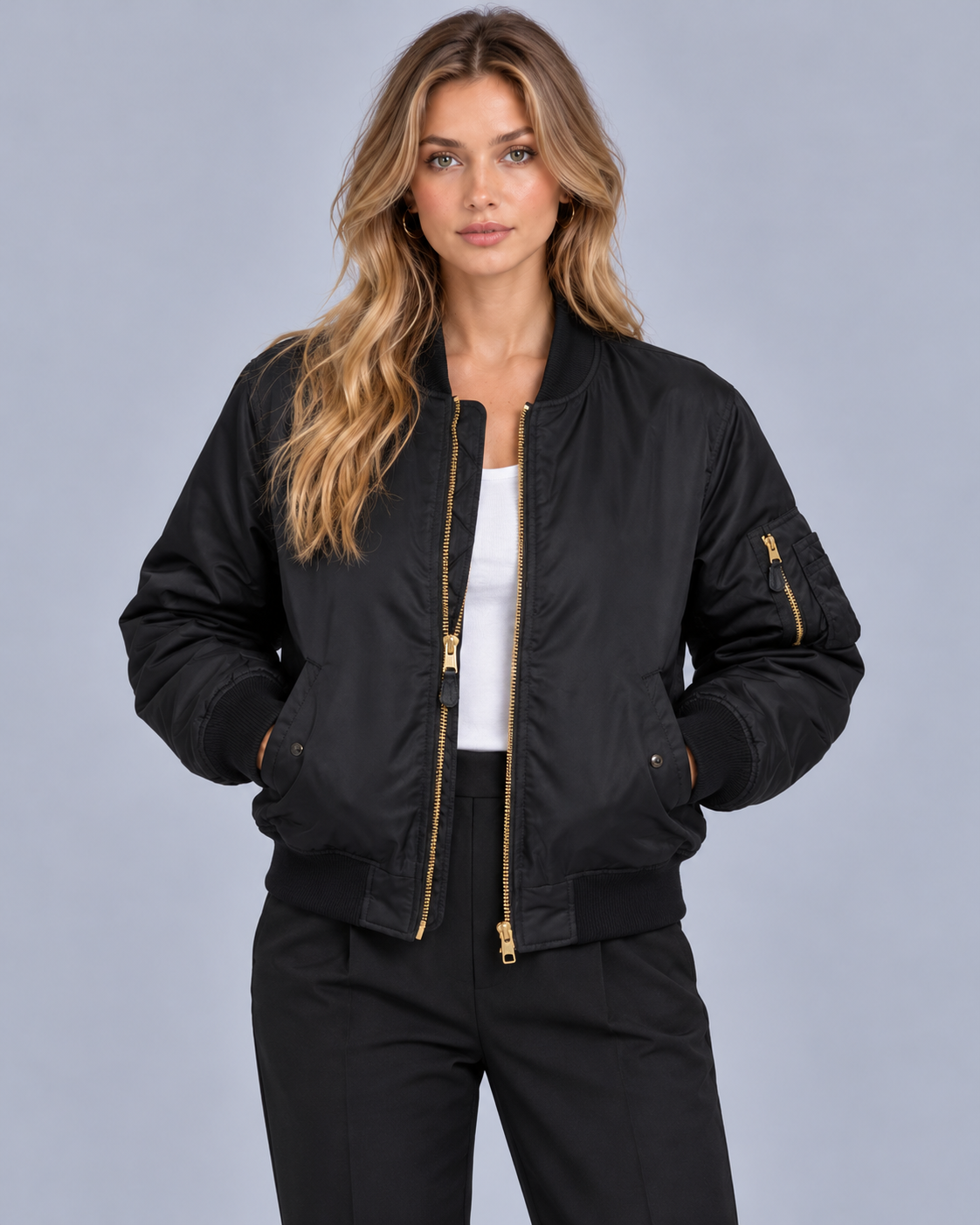 Women's Satin Bomber Jacket with Utility Pockets
