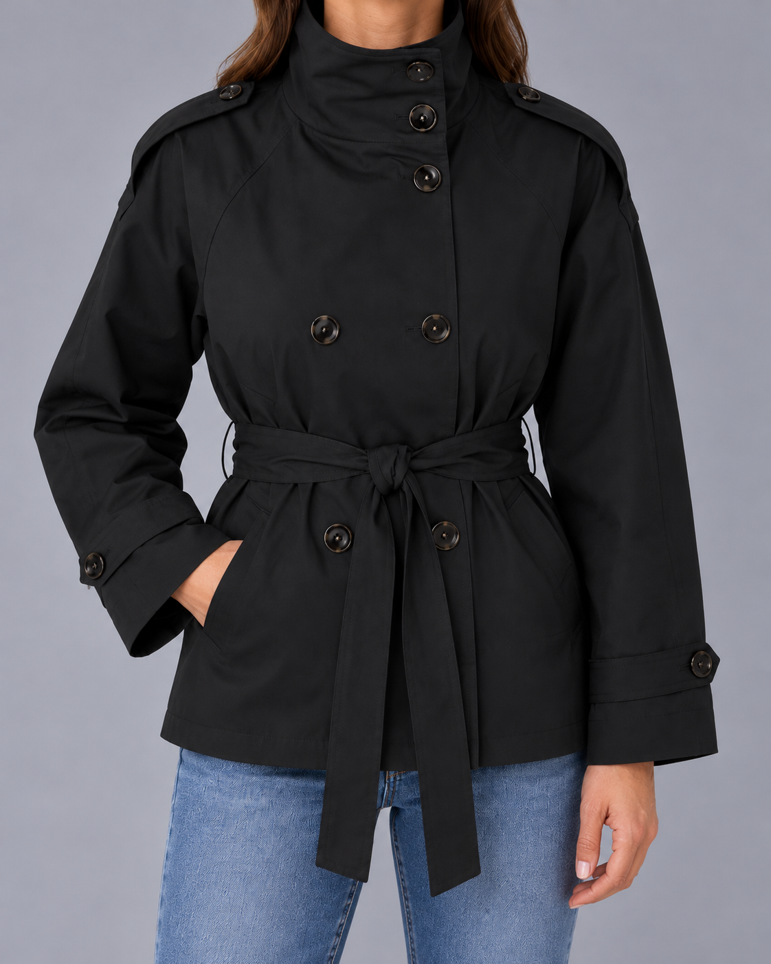 Women’s Cropped Trench Coat | Funnel Neck Tie Waist