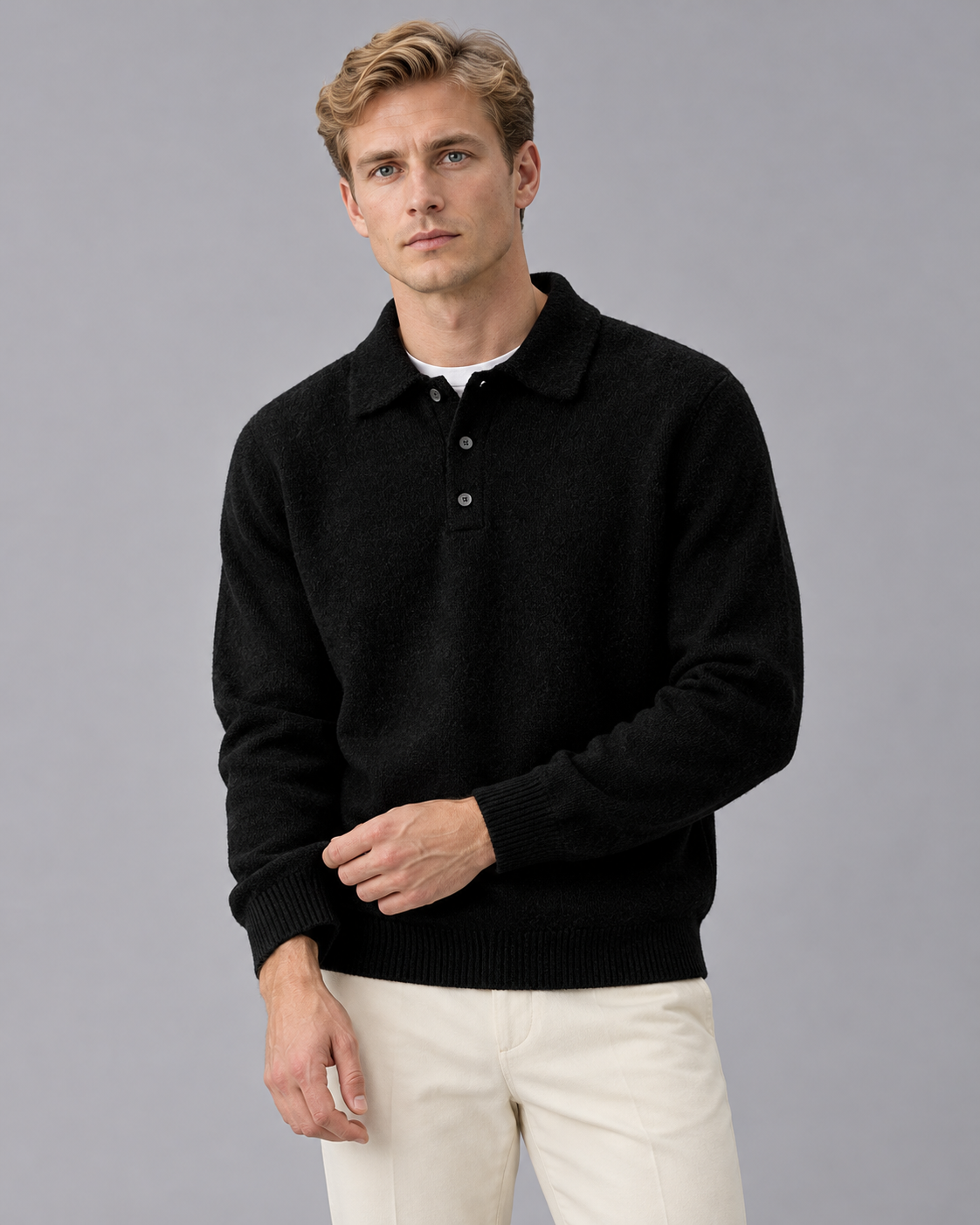 Men's Polo Collar Jumper with Ribbed Cuffs