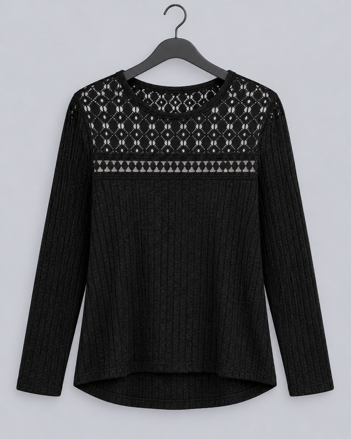 Women's Fitted Lace Ribbed Top | Crew Neck Long Sleeve Blouse