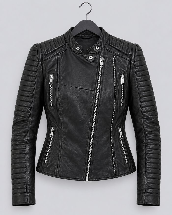 Black faux leather motorcycle jacket with quilted sleeve panels, a stand collar, and silver zippers, shown on a black hanger against a light gray background.