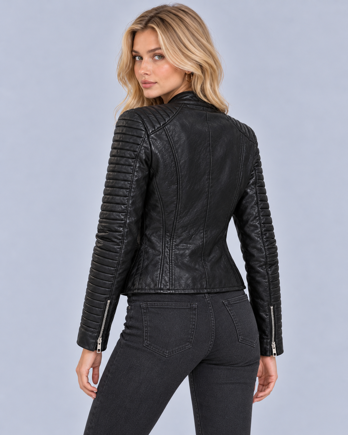 Women's Leather Biker Jacket – Asymmetric Zip Motorcycle Jacket with Quilted Sleeves, Fitted