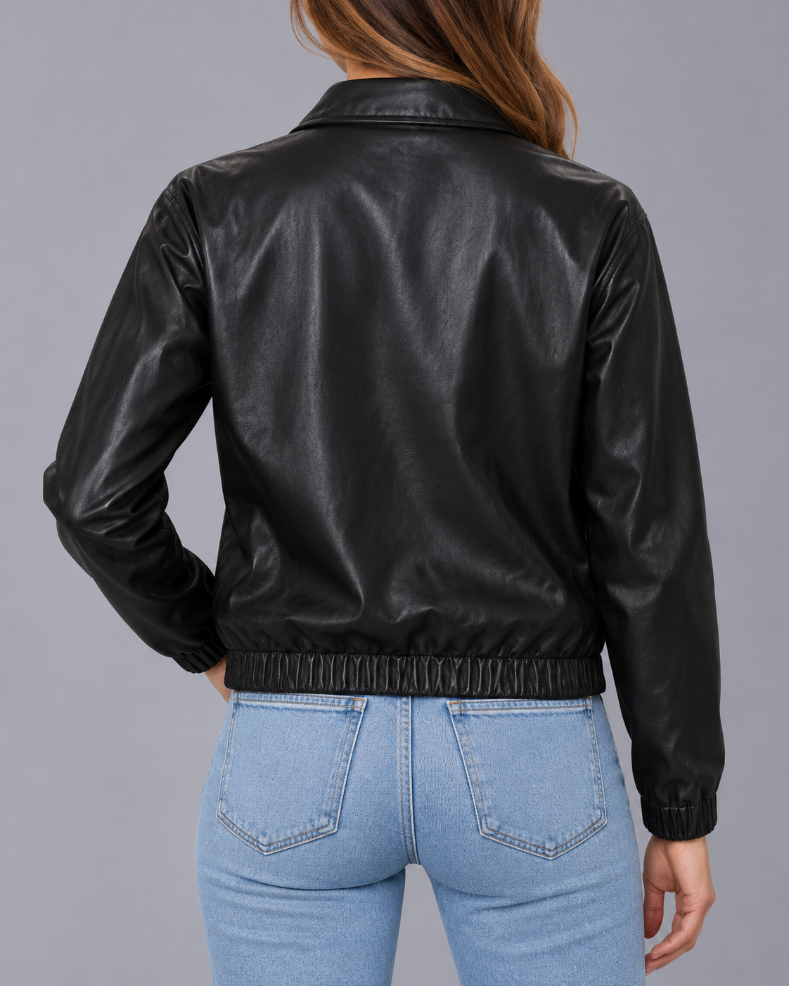 Women's Cropped Faux Leather Biker Jacket – Elasticated Hem, Oversized Collar