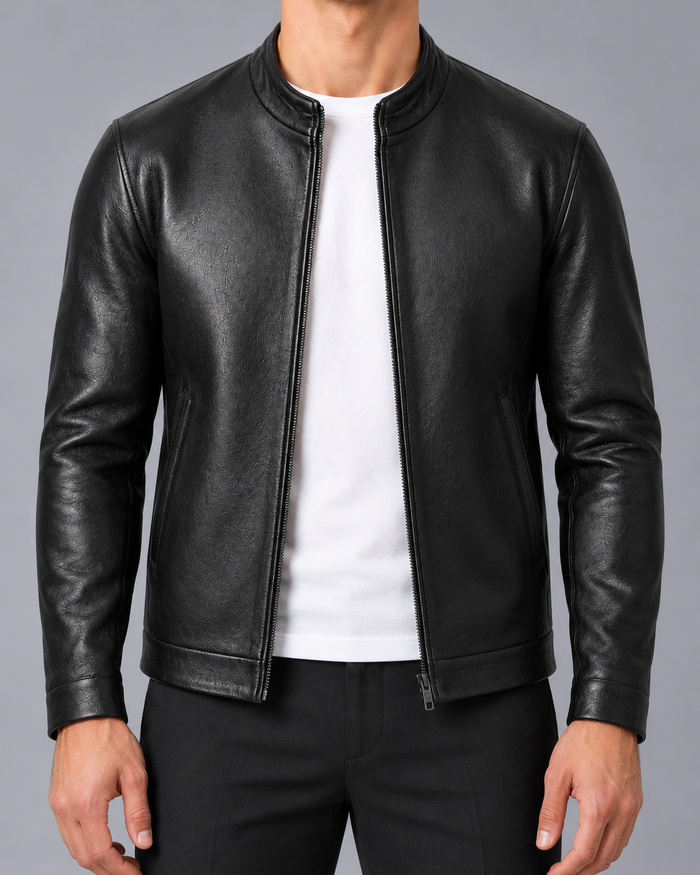 Men's Faux Leather Jacket – Stand Collar, Zip Front