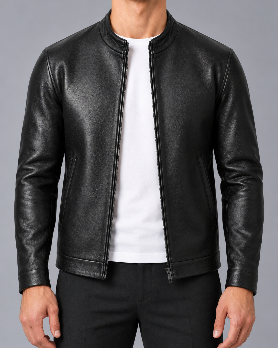 Men's Faux Leather Jacket – Stand Collar, Zip Front