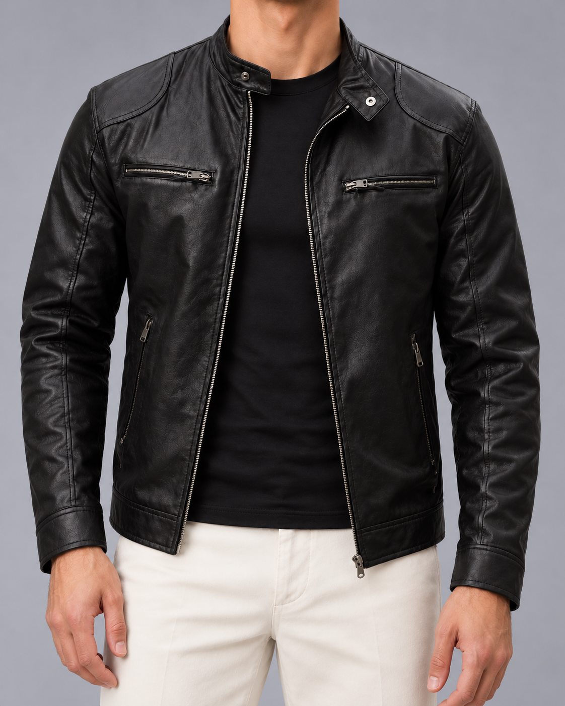 Men's Faux Leather Racer Jacket – Stand Collar, Fitted
