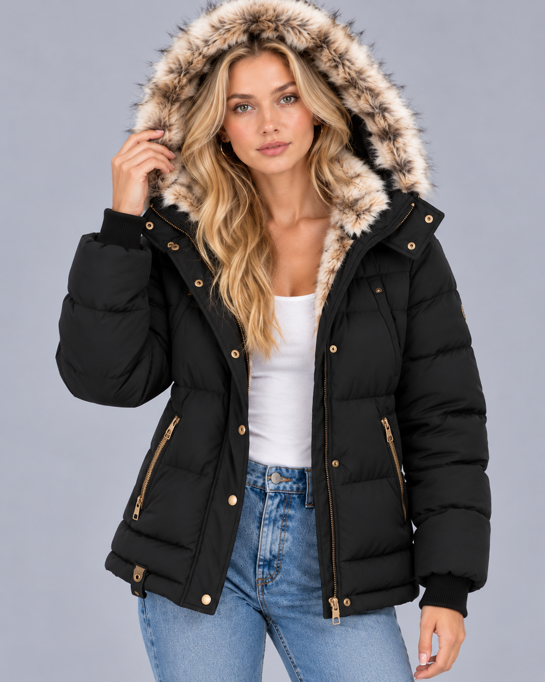 Women's Quilted Jacket with Faux Fur Hood