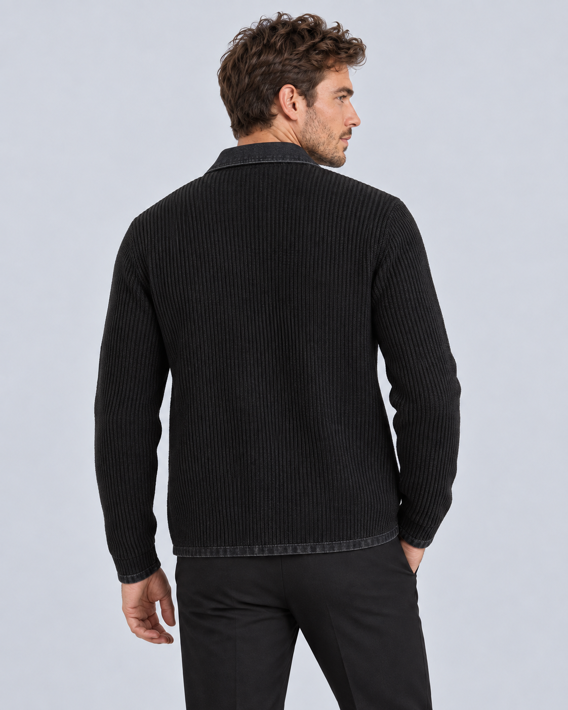 Men's Wool Knit Cardigan | Denim-Style Contrast Trim Jacket