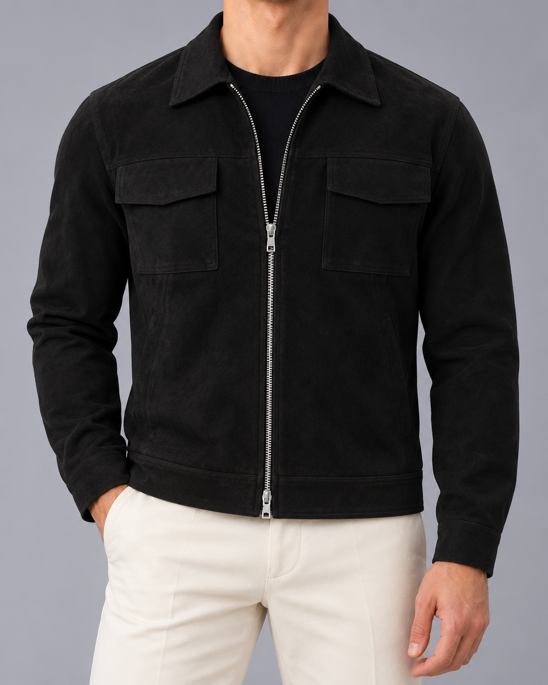 Men's Suede Look Jacket – Relaxed Fit, Front Pockets