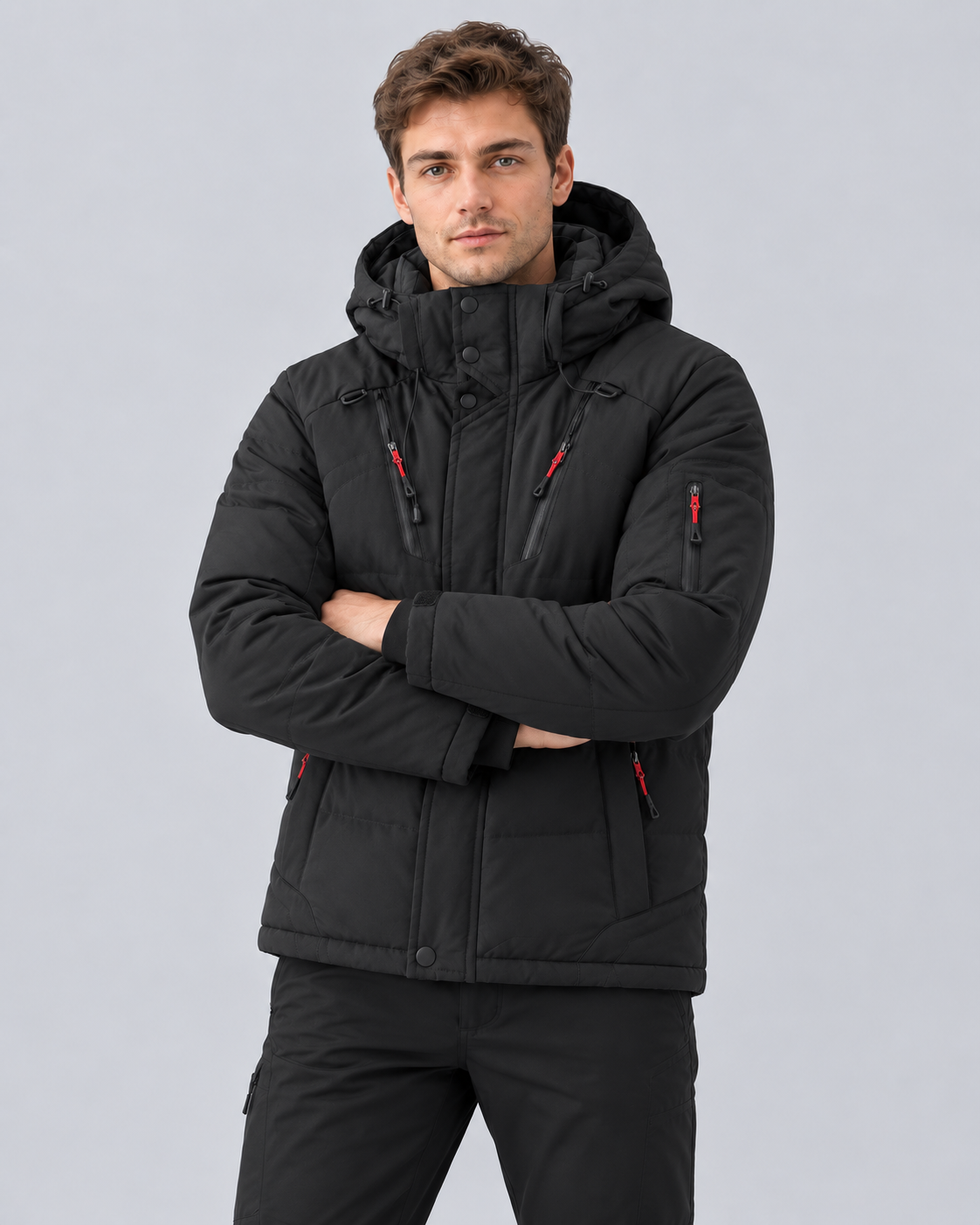 Men's Puffer Jacket with Hood in Polyester – Quilted Winter Coat with Zip Pockets