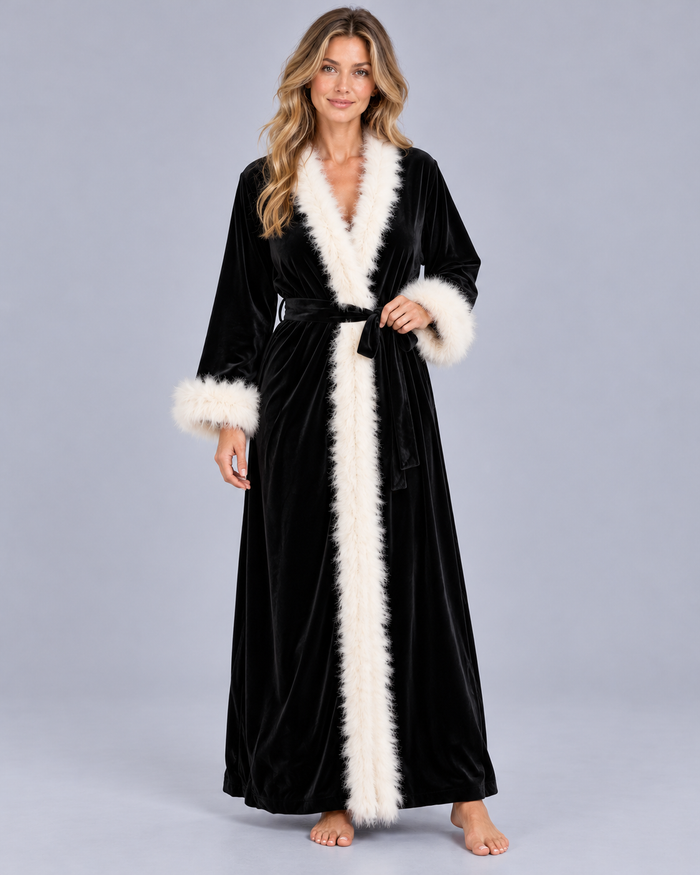 Women's Velvet Dressing Gown with Feather-Style Trim