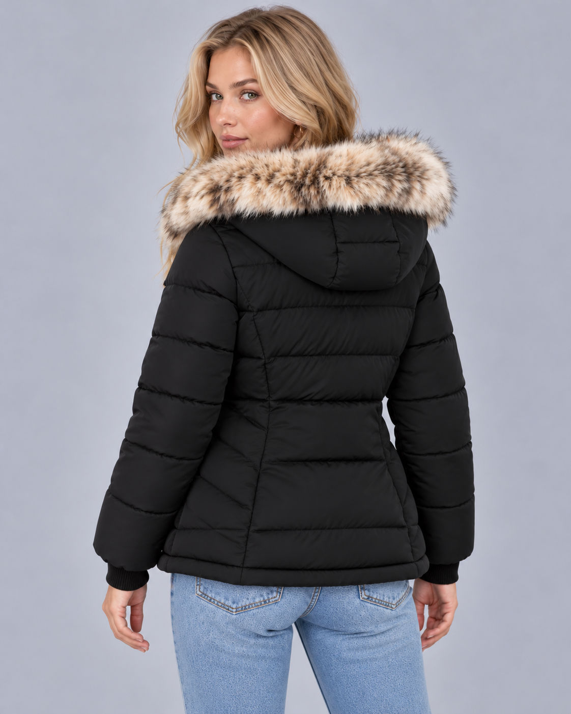Women's Quilted Jacket with Faux Fur Hood