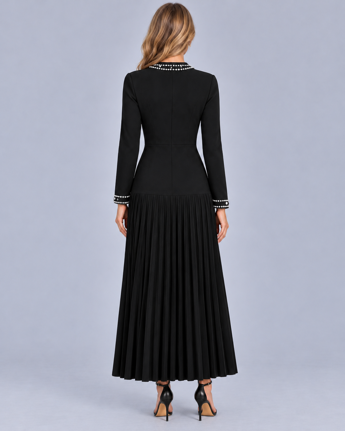 Women's Pleated Maxi Dress with Pearl Trim