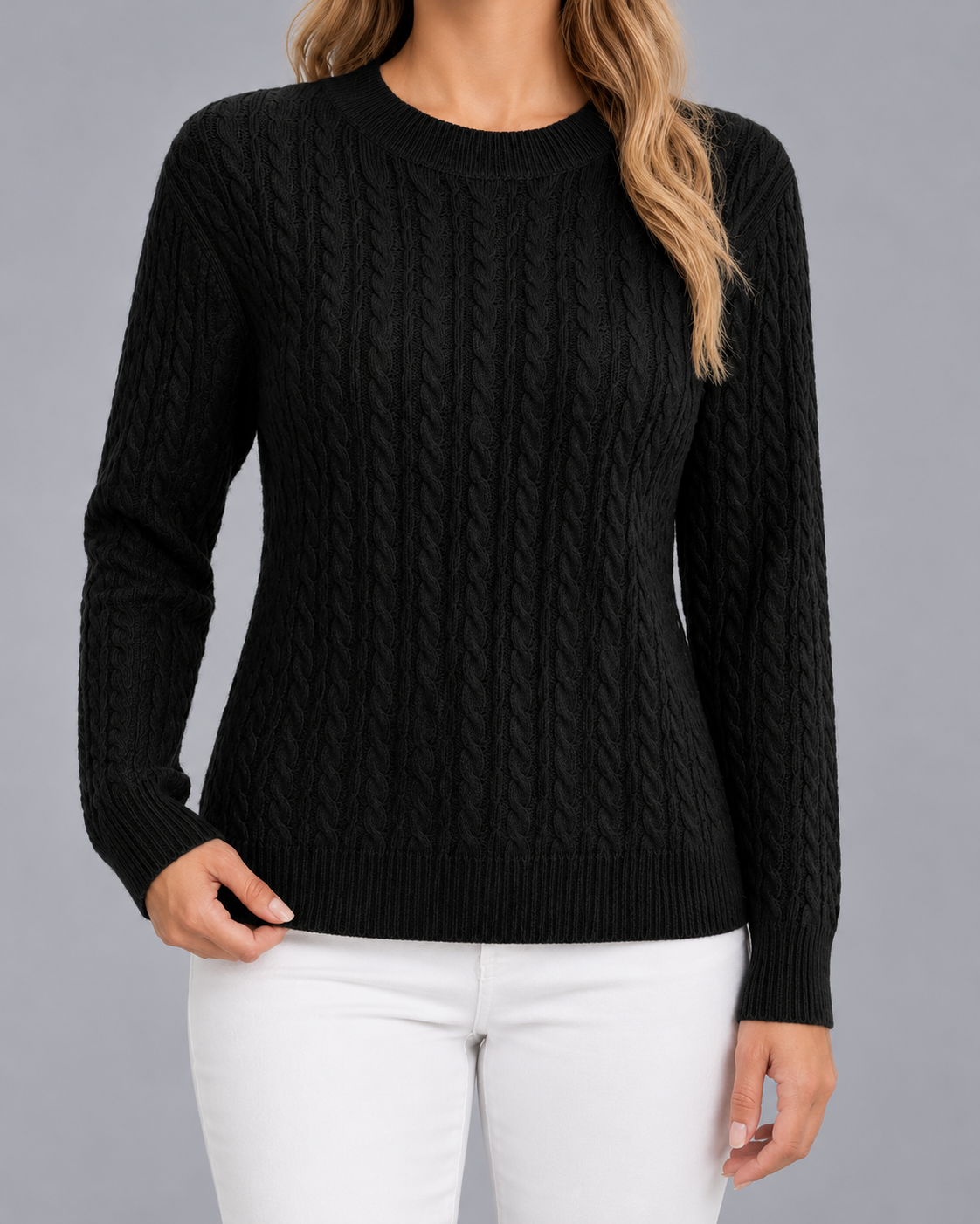 Women's Cable Knit Jumper – Crew Neck, Ribbed Cuffs