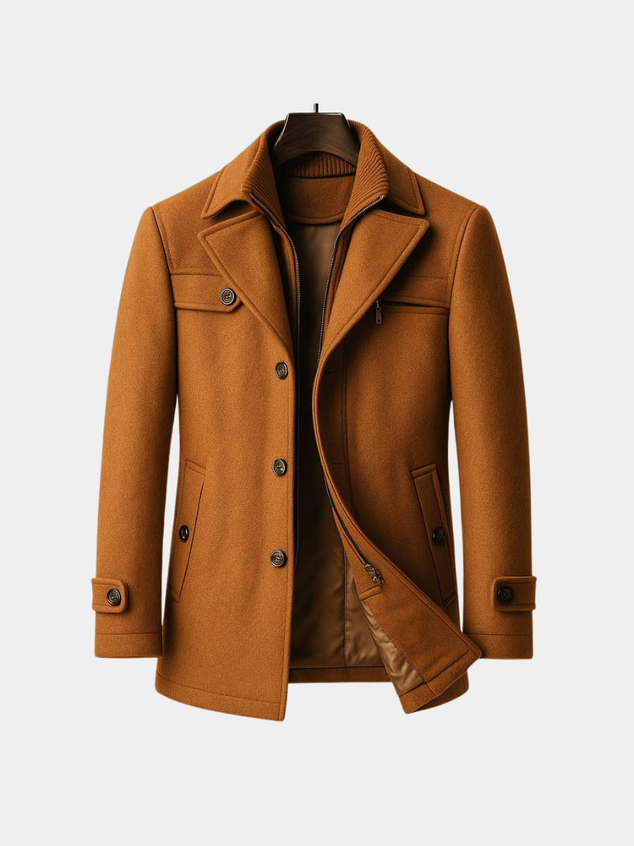 Men's Wool Blend Overcoat – Inner Zip Panel, Tailored Fit