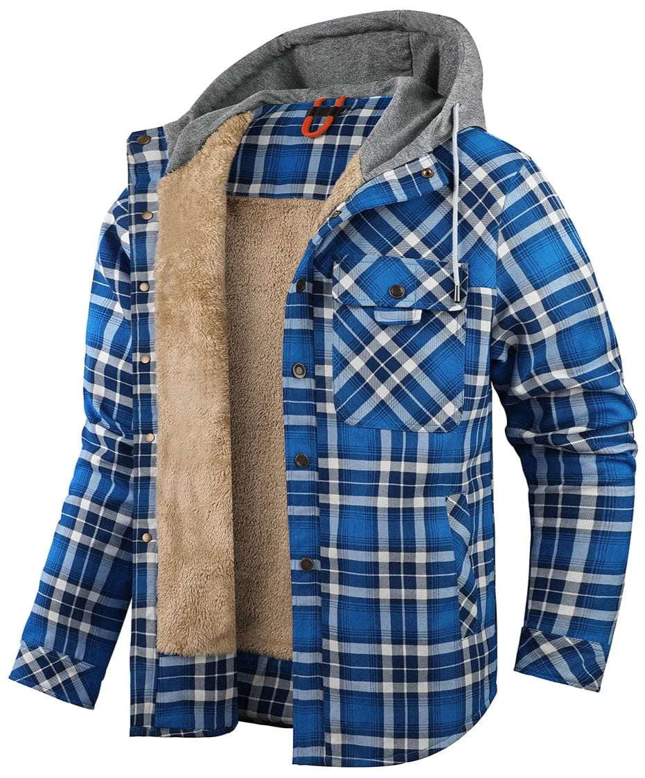 Men's Check Hooded Jacket – Fleece Lined Cotton, Button Front