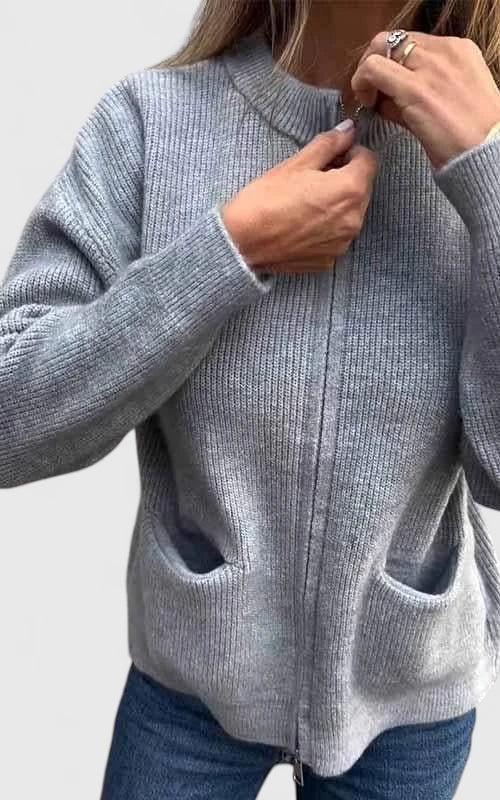 Women's Ribbed Knit Zip Jacket – Stand Collar, Relaxed Fit