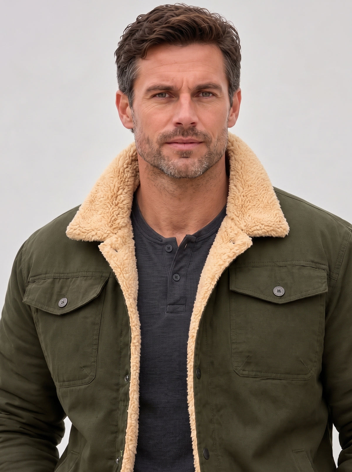 Men's Sherpa Lined Jacket – Button Front Workwear Style, Regular Fit