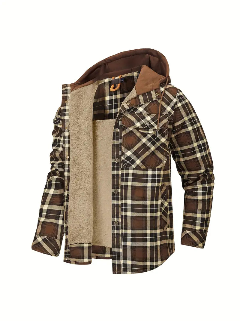 Men's Check Hooded Shirt Jacket – Fleece Lined, Relaxed Fit