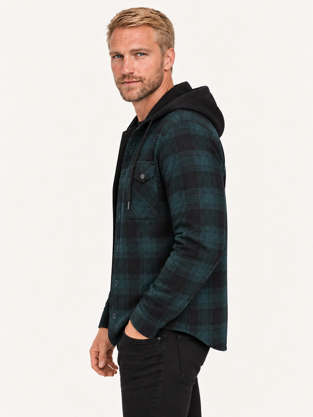 Men's Hooded Flannel Shirt Jacket – Check Overshirt, Flap Pockets