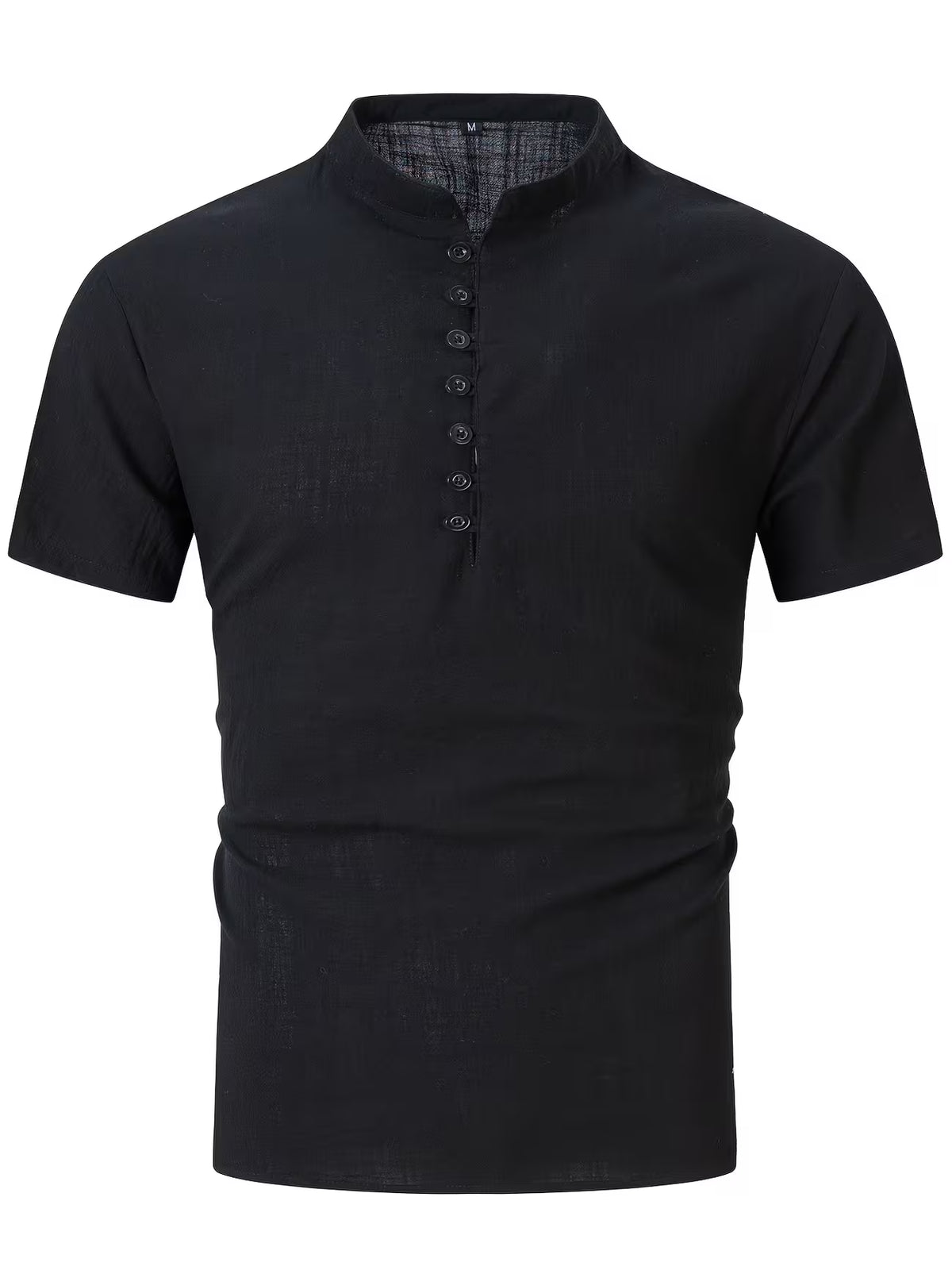 Men's Short Sleeve Grandad Collar Shirt – Linen Look, Relaxed Fit