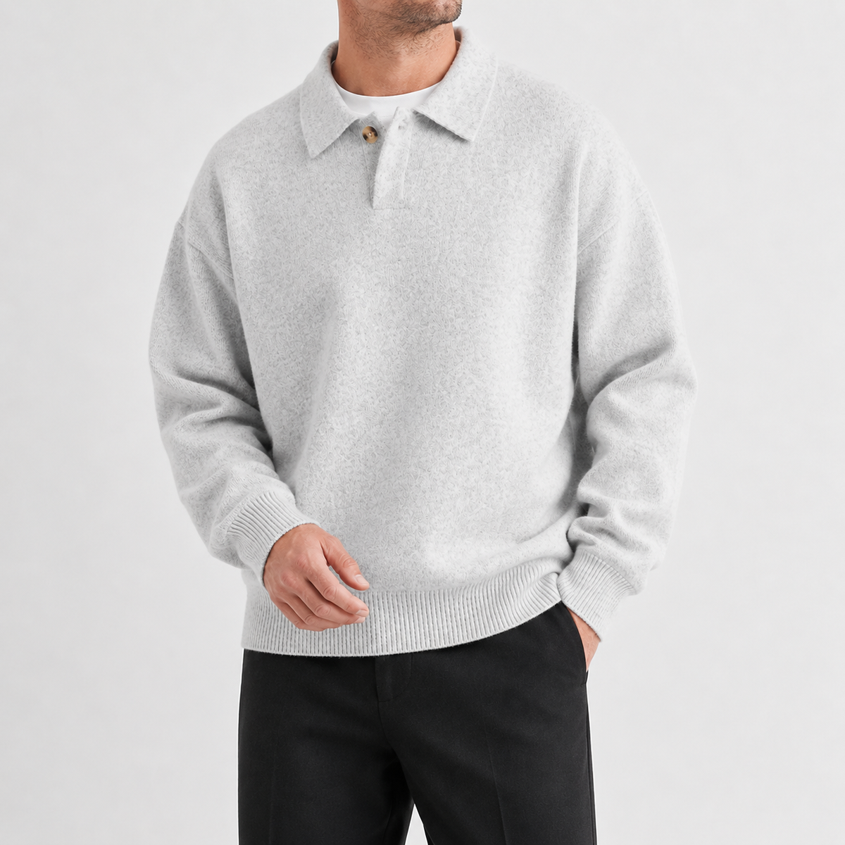 Men's Knitted Polo Jumper – Long Sleeve with One-Button Collar, Relaxed Fit