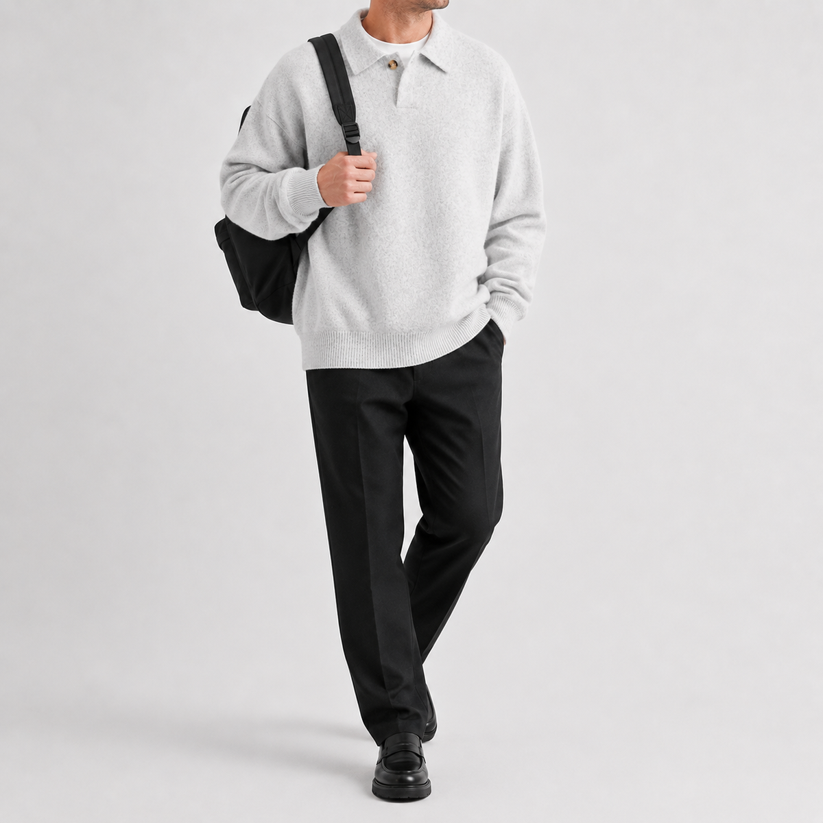 Men's Knitted Polo Jumper – Long Sleeve with One-Button Collar, Relaxed Fit