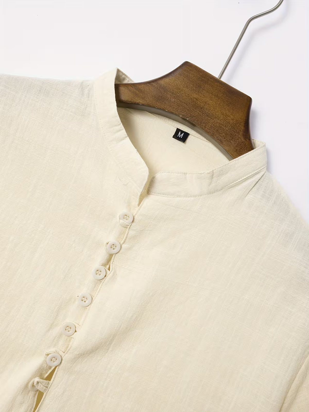 Men's Short Sleeve Grandad Collar Shirt – Linen Look, Relaxed Fit