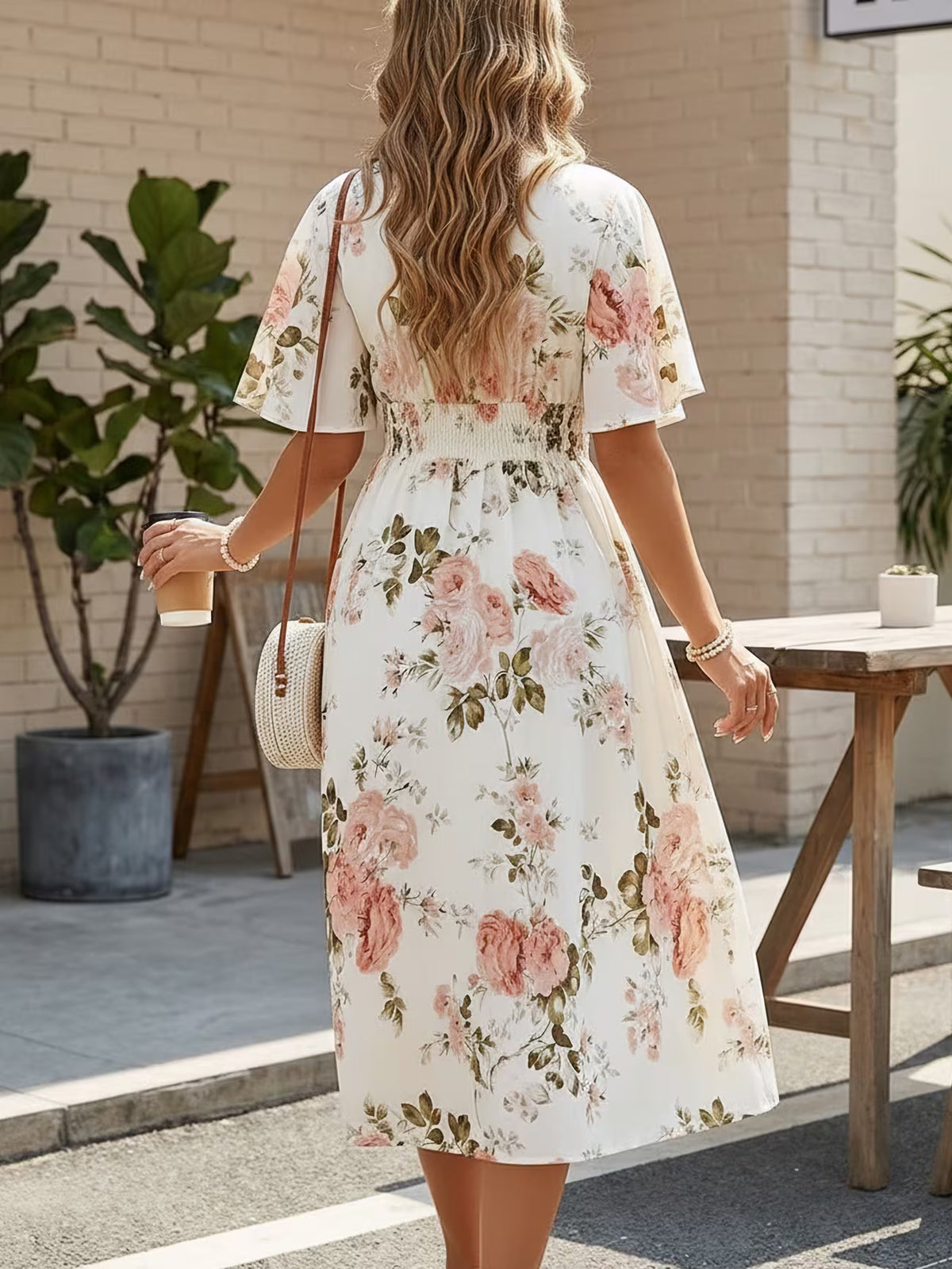 Women's Floral Wrap Midi Dress – Waist Tie, V-Neck, Short Sleeve