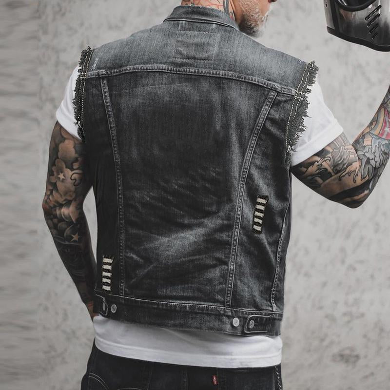 Men's Denim Gilet – Lapel Collar, Washed Finish