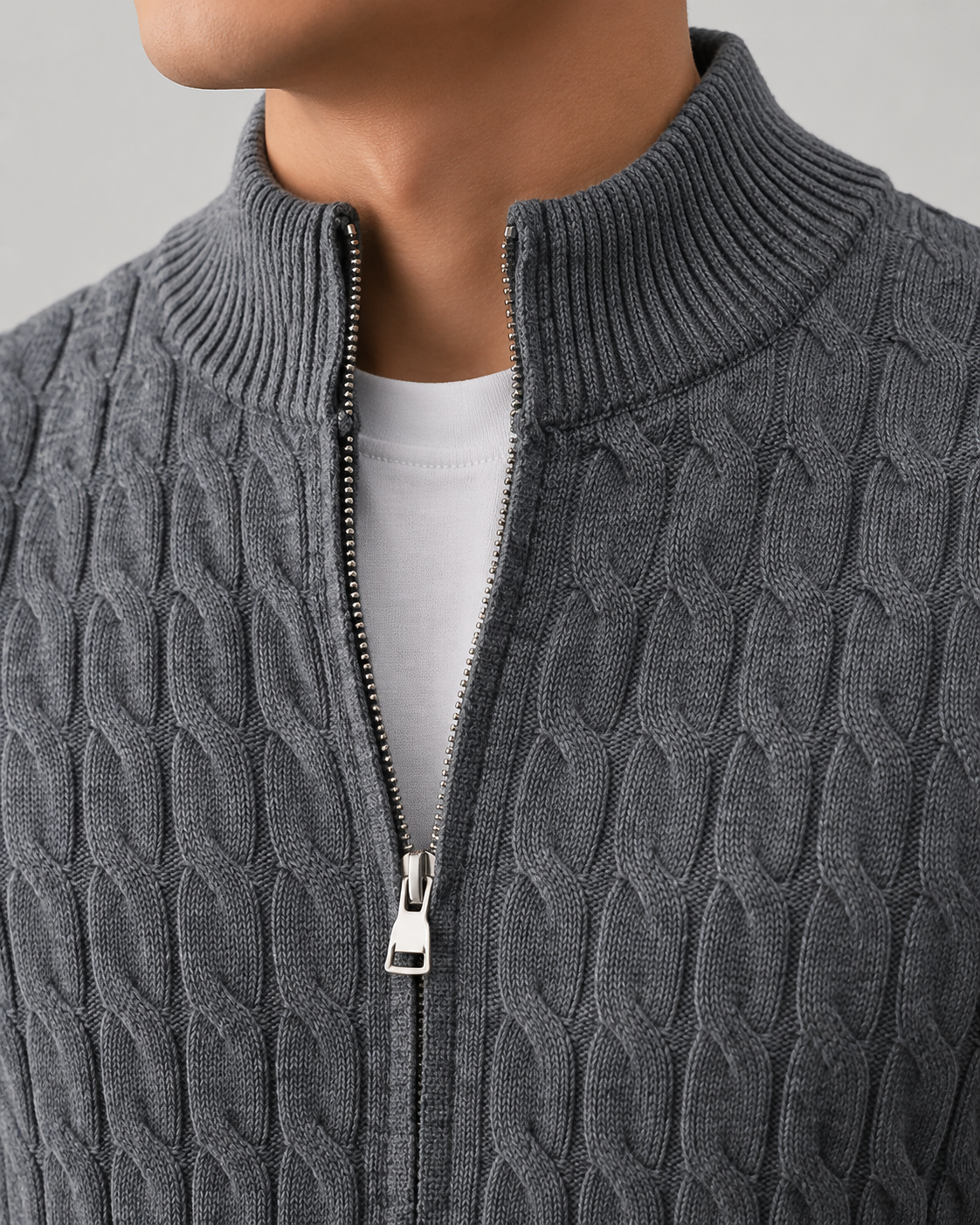 Men's Cable Knit Zip Cardigan – Stand Collar