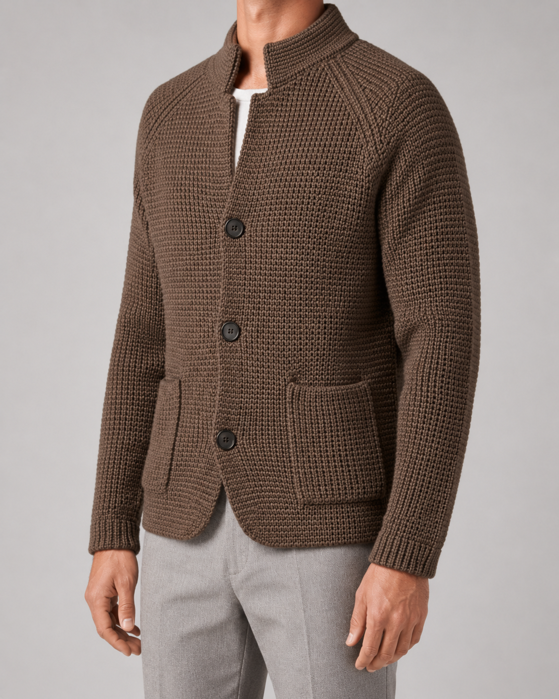 Men's Chunky Knit Cardigan – Stand Collar, Button Front