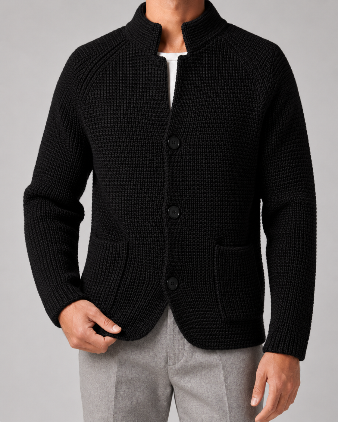 Men's Chunky Knit Cardigan – Stand Collar, Button Front