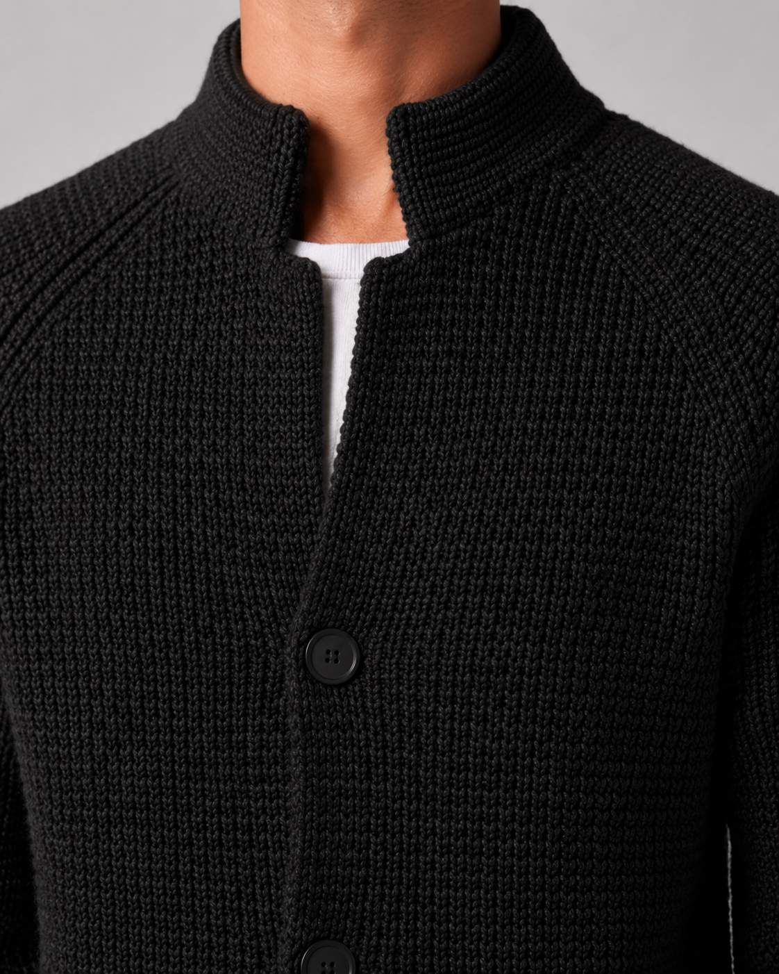 Men's Chunky Knit Cardigan – Stand Collar, Button Front