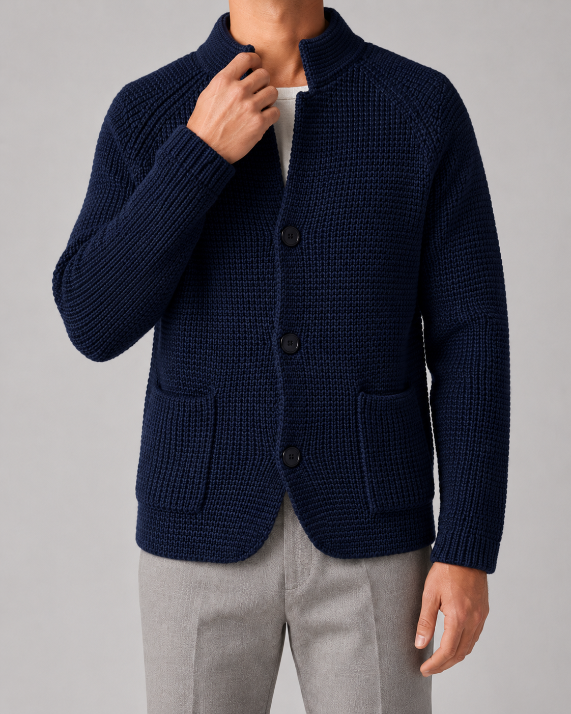 Men's Chunky Knit Cardigan – Stand Collar, Button Front