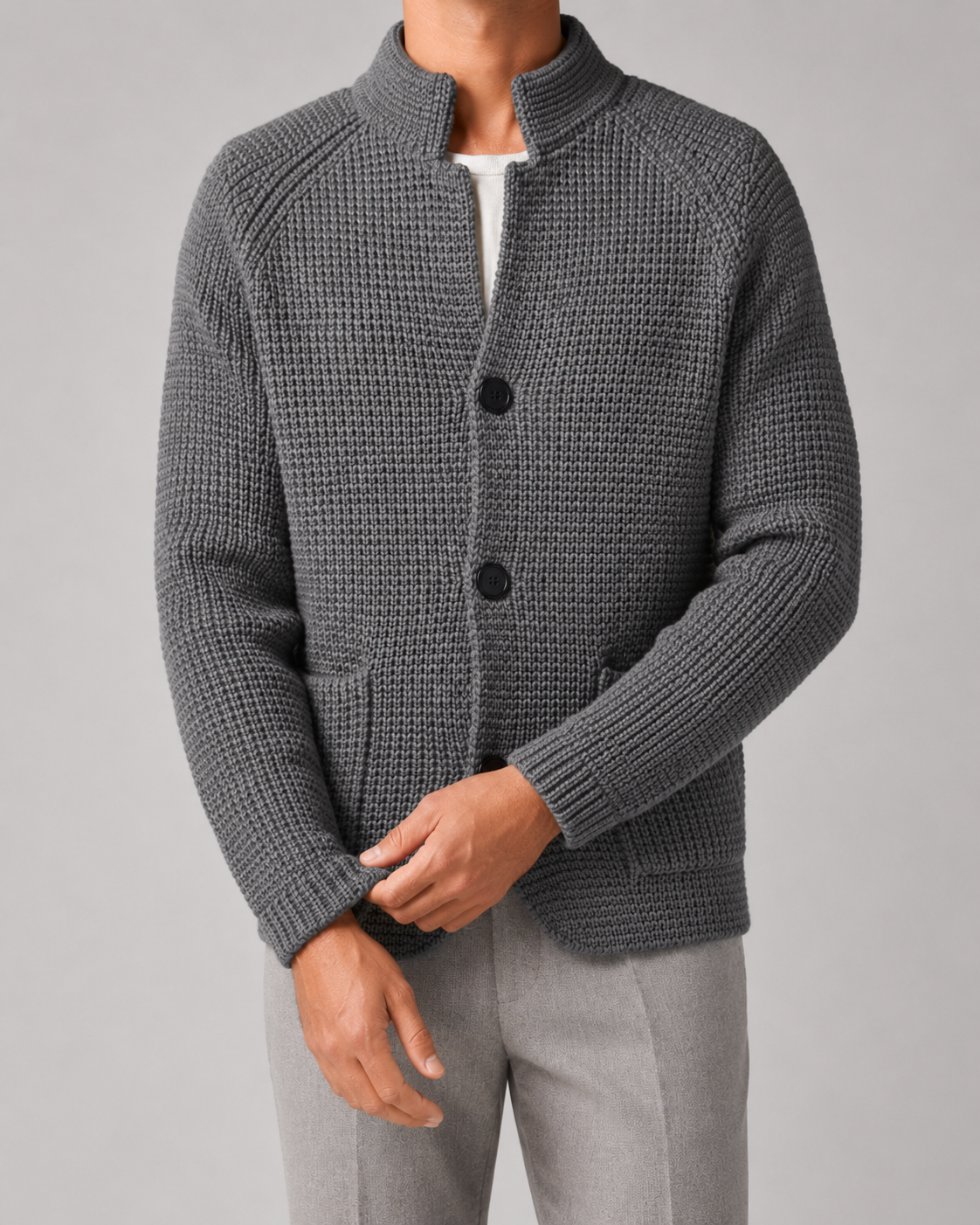 Men's Chunky Knit Cardigan – Stand Collar, Button Front