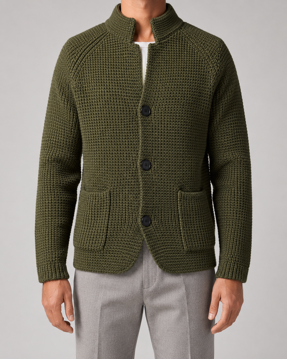 Men's Chunky Knit Cardigan – Stand Collar, Button Front