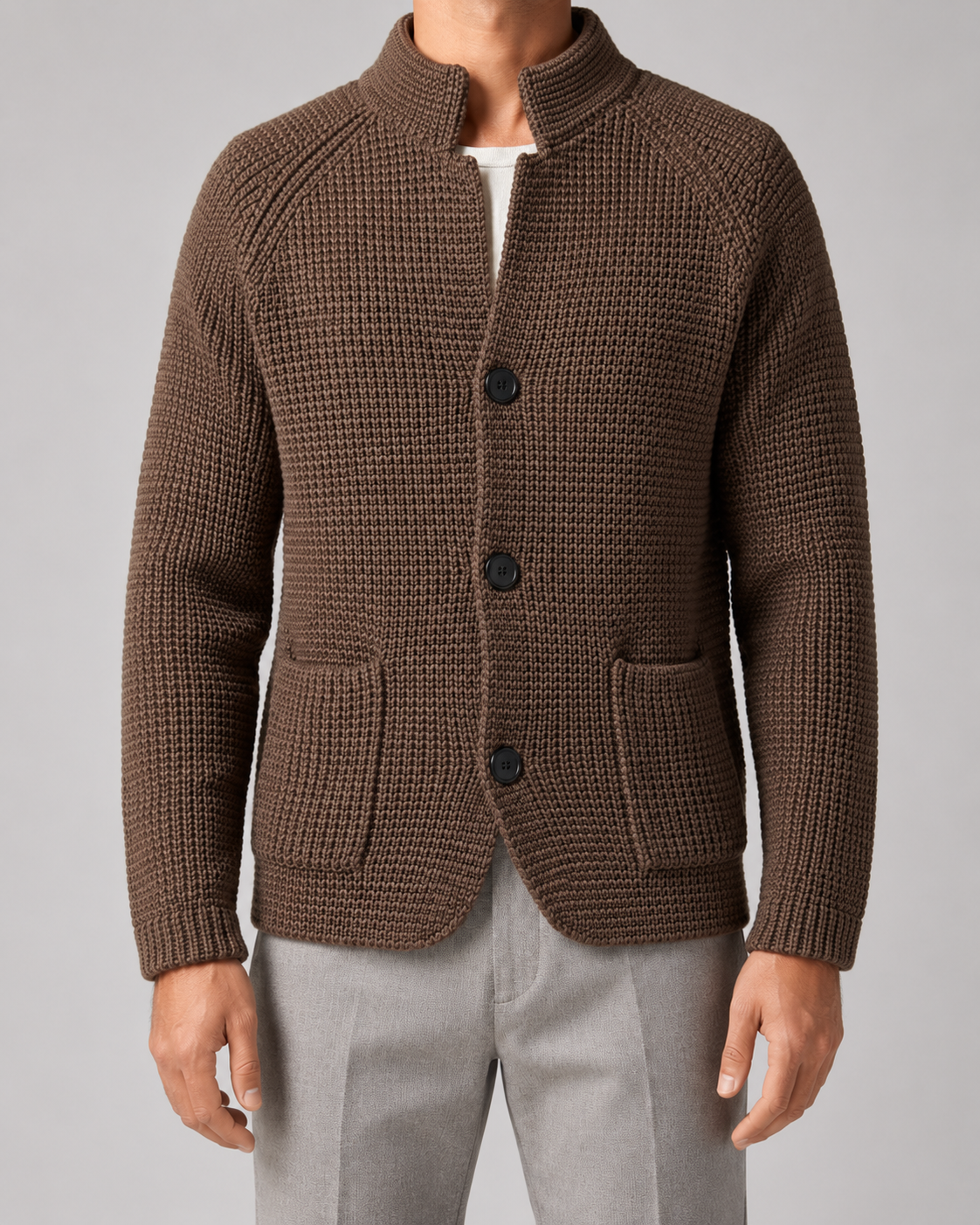 Men's Chunky Knit Cardigan – Stand Collar, Button Front